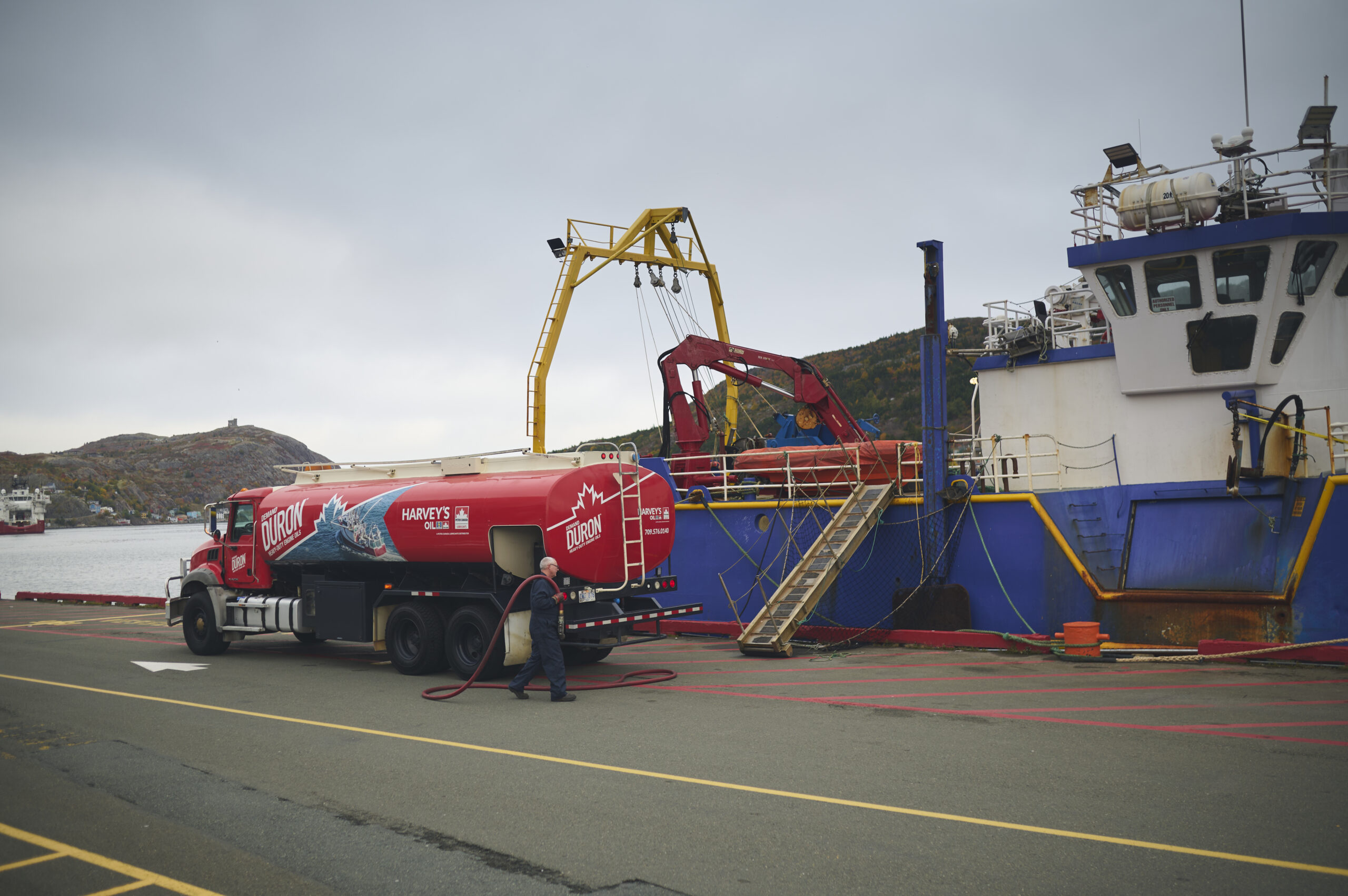 Harvey's fuel truck at a commercial harbor