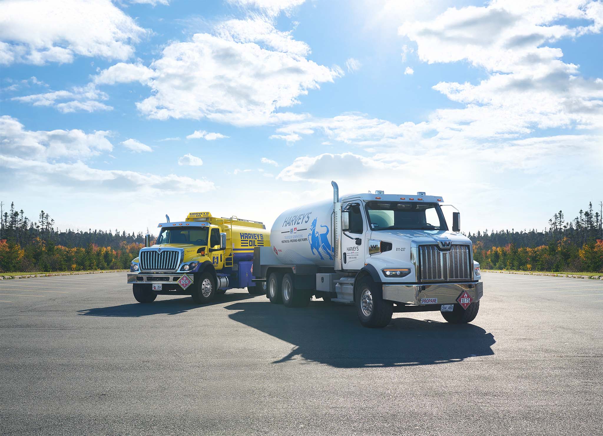 Two Harvey's fuel trucks, positioned in a vacant lot with a bright summer sky overhead.
