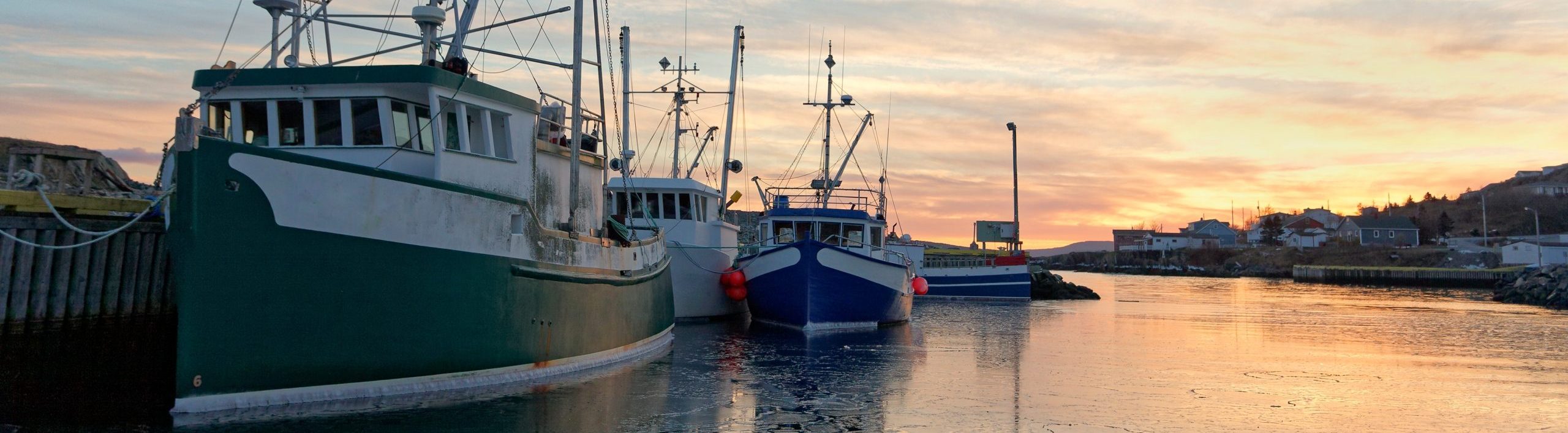 Fishing boats moored at the dock during sunset.