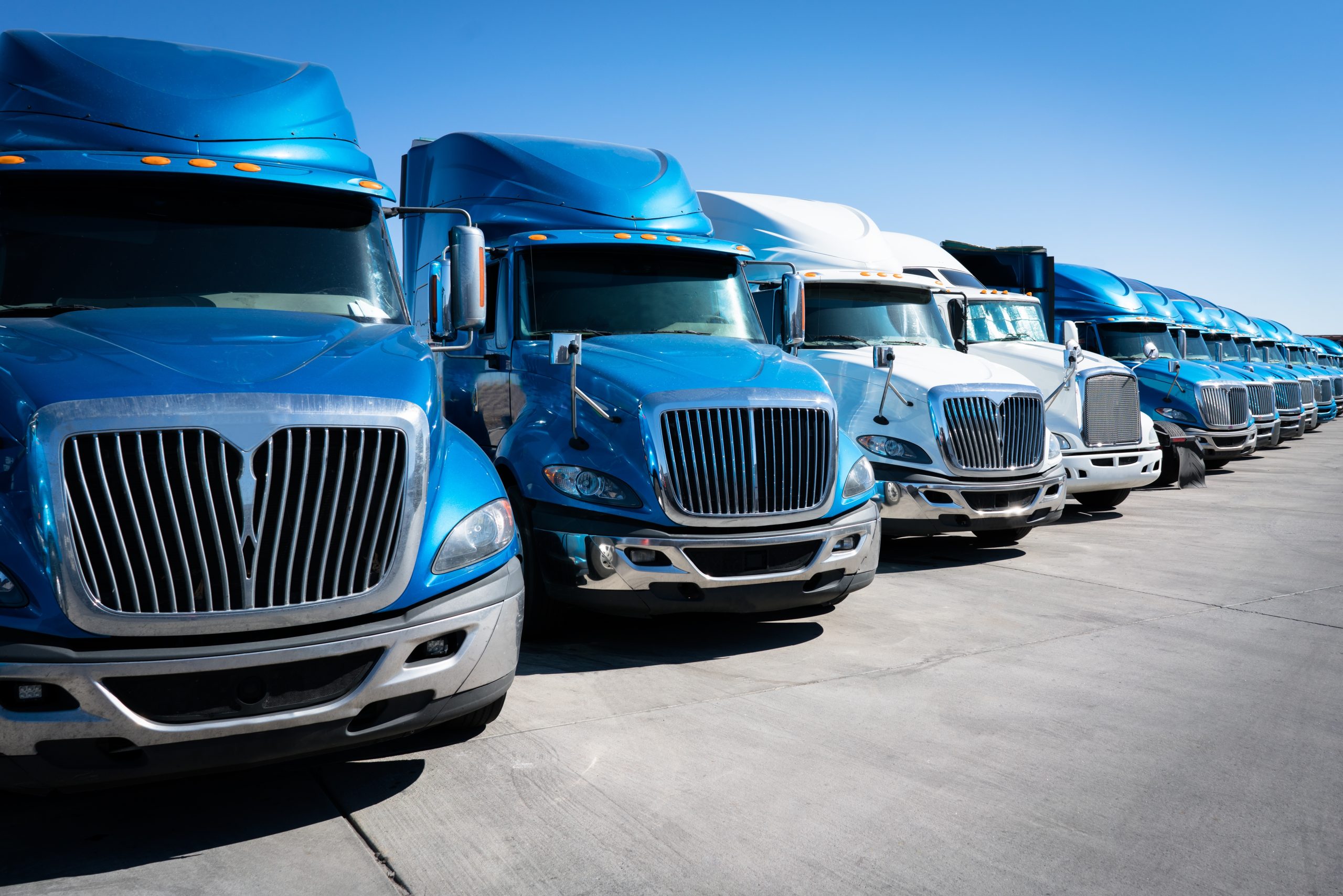 A line of 18-wheeler semi-trucks.