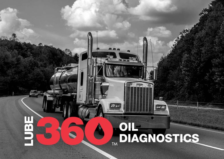 A semi-truck for lubricants driving down the highway, overlaid by the words Lube 360 Oil Diagnostics.