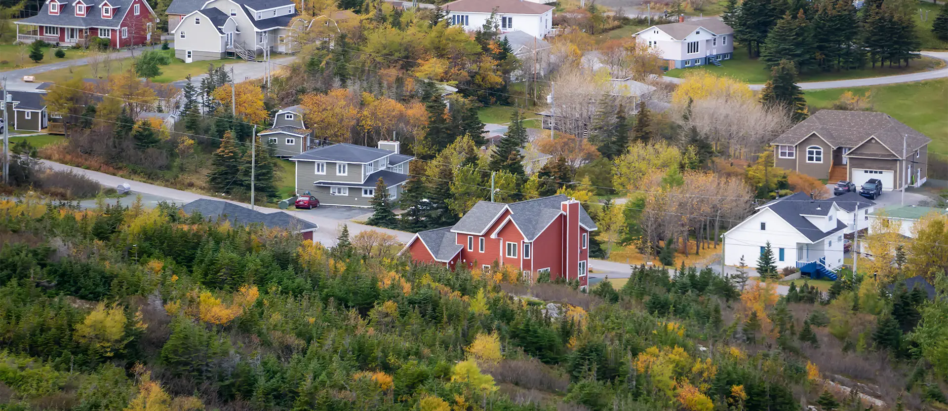 Aerial shot of a quaint, residential neighbourhood.